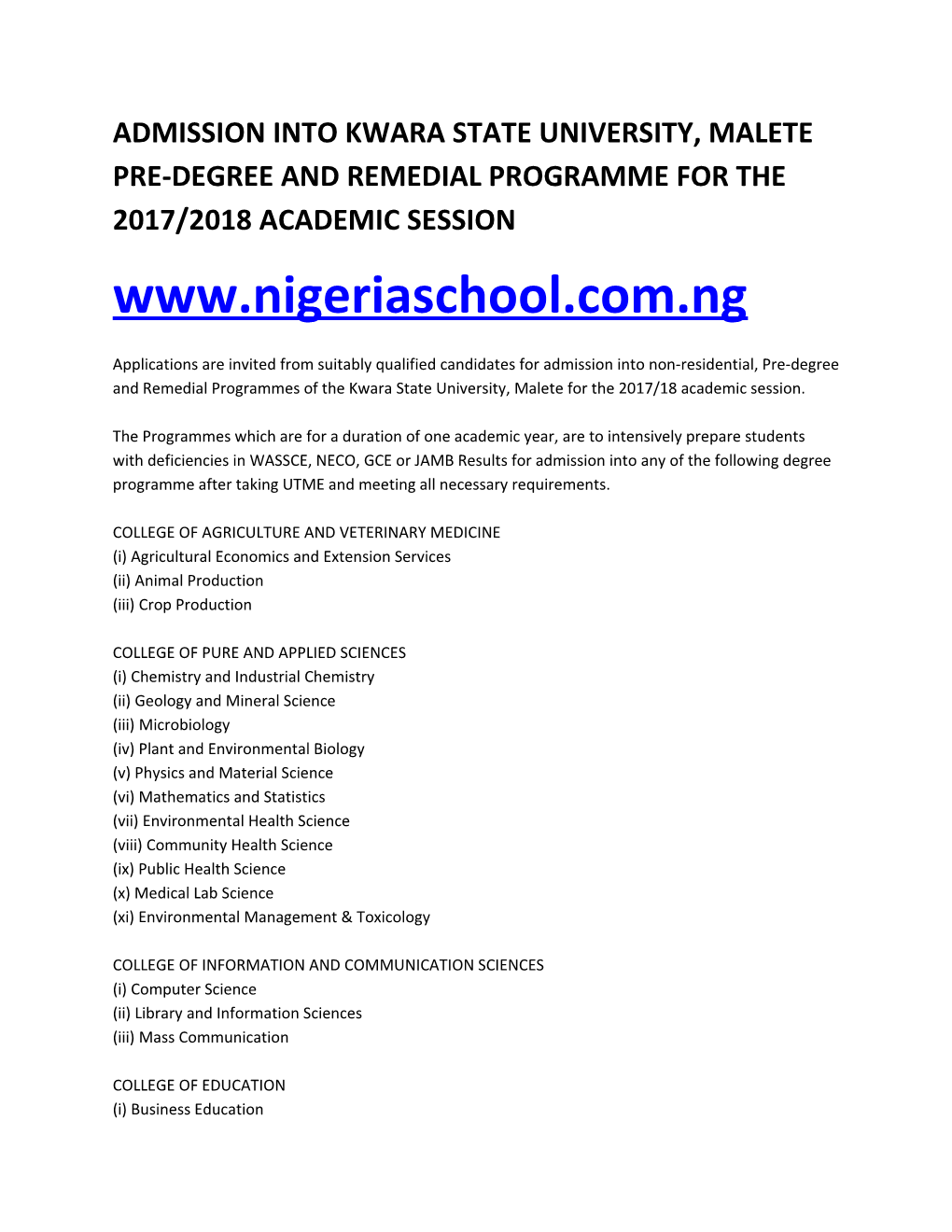 Admission Into Kwara State University, Malete Pre-Degree and Remedial Programme for The