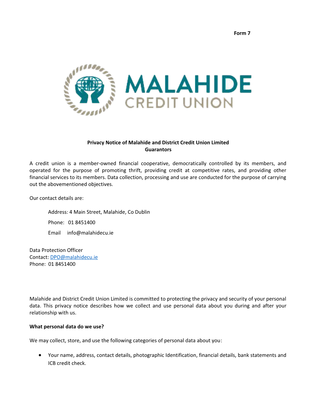 Privacy Notice of Malahide and District Credit Union Limited