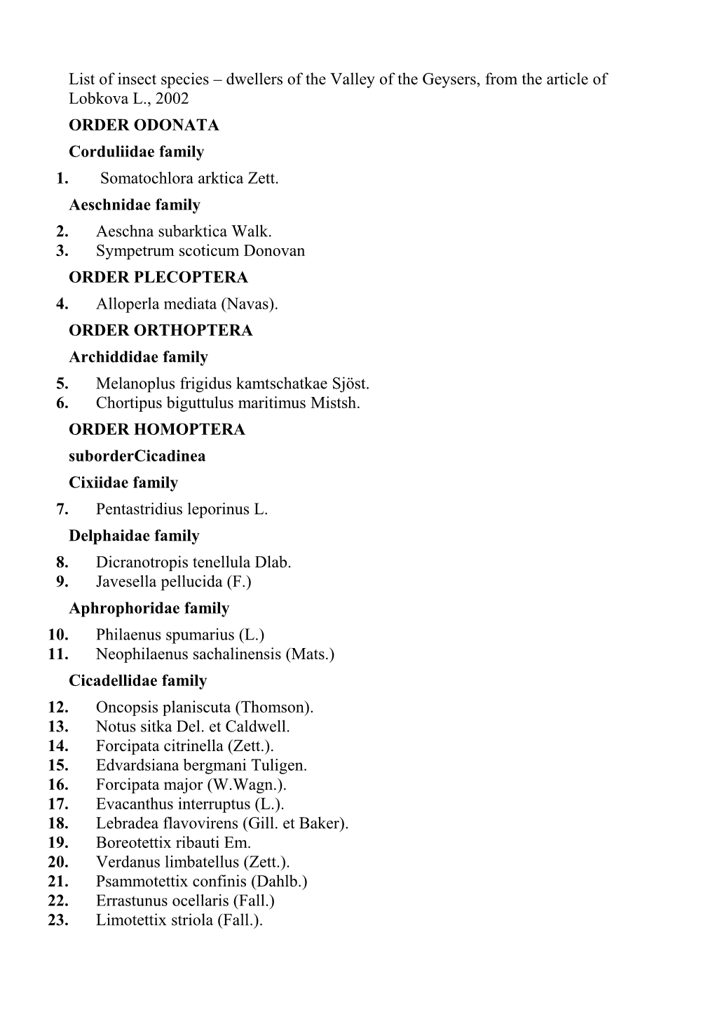 List of Insect Species Dwellers of the Valley of the Geysers, from the Article of Lobkova