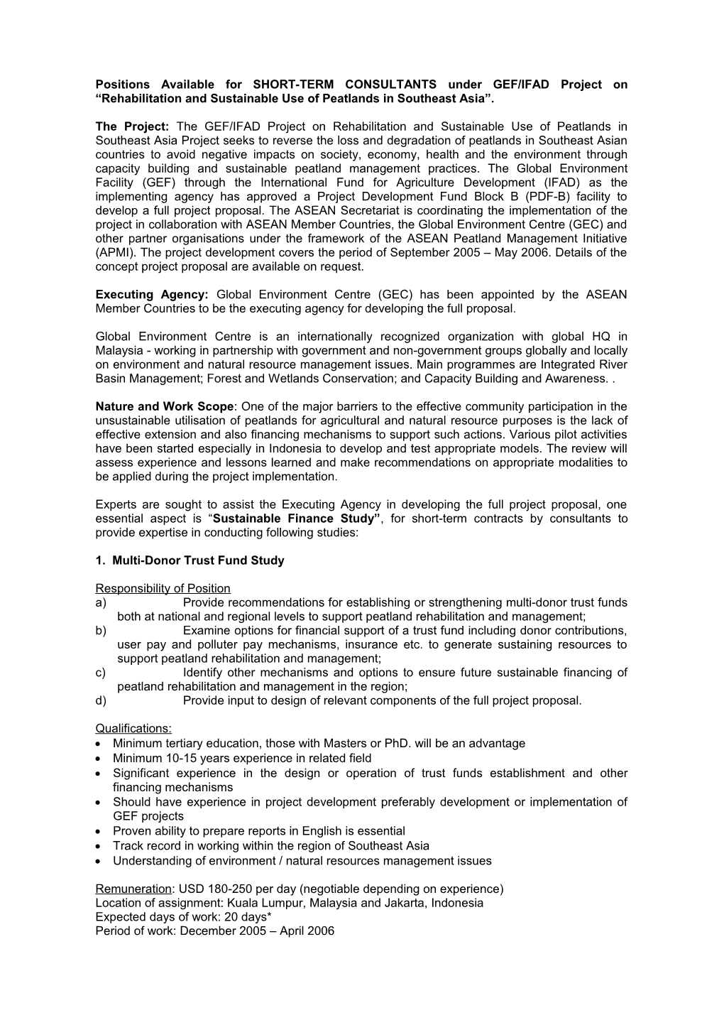 HIRING of CONSULTANTS: GEF/IFAD Project on Rehabilitation and Sustainable Use of Peatlands