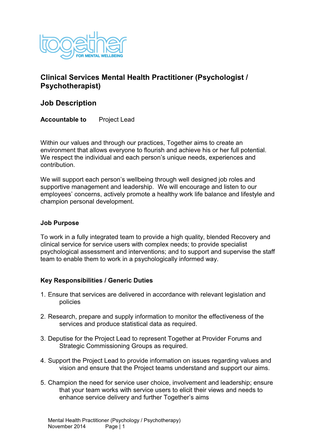 Clinical Services Mental Health Practitioner (Psychologist / Psychotherapist)