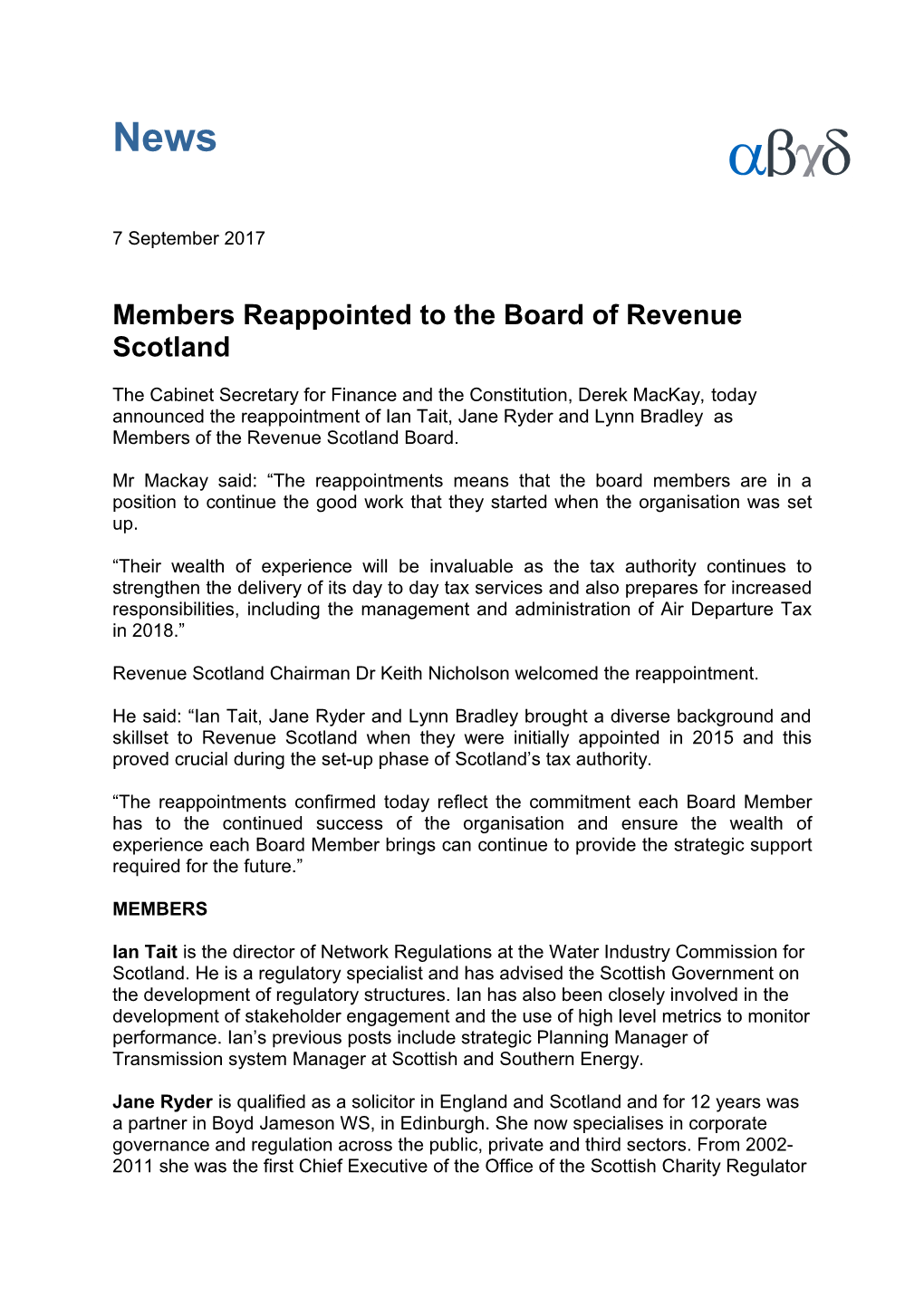 Members Reappointed to the Board of Revenue Scotland