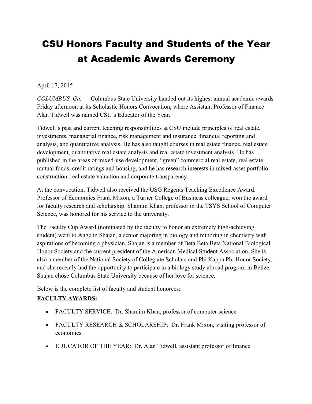 CSU Honors Faculty and Students of the Year at Academic Awards Ceremony