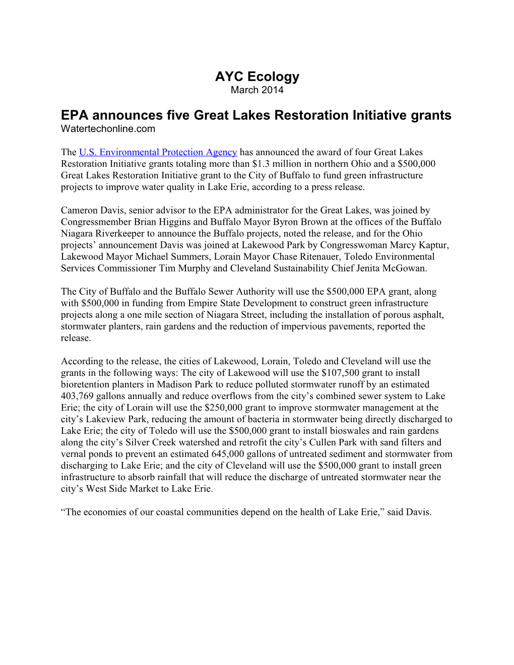 EPA Announces Five Great Lakes Restoration Initiative Grants