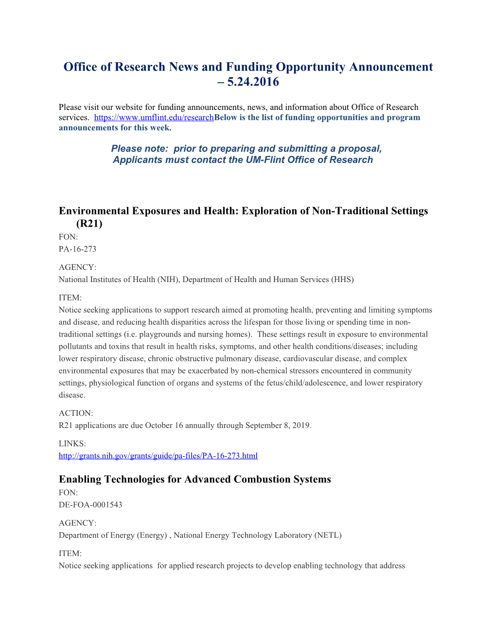Office of Research News and Funding Opportunity Announcement 5.24.2016