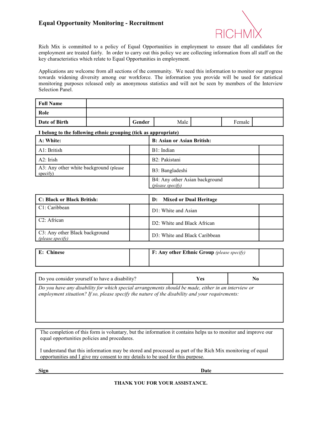 Equal Opportunity Monitoring Form Contact a Family