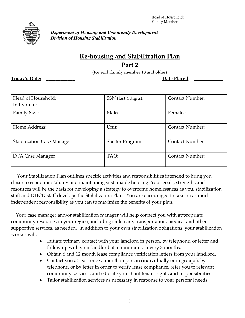 Re-Housing and Stabilization Plan