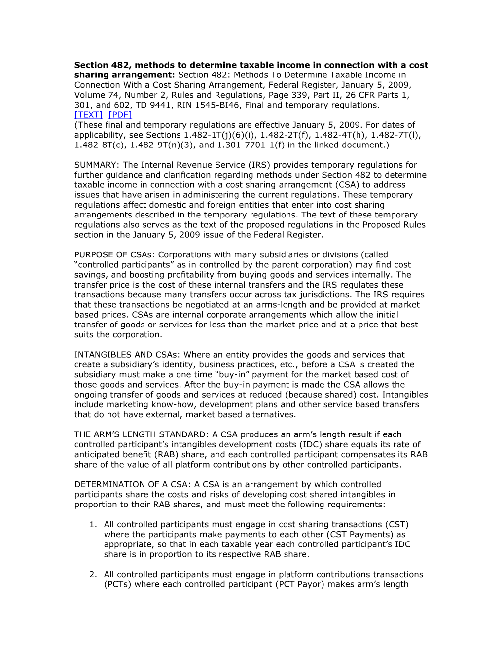 Section 482, Methods to Determine Taxable Income in Connection with a Cost Sharing Arrangement