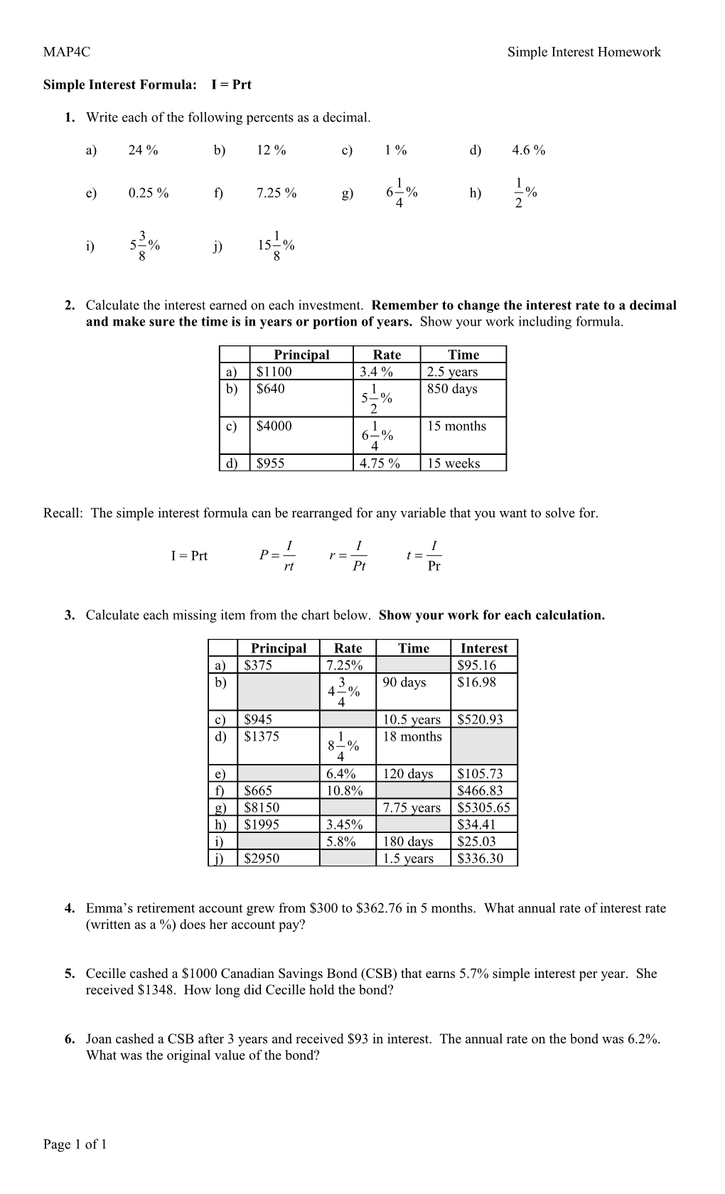 Simple Interest Formula: I = Prt