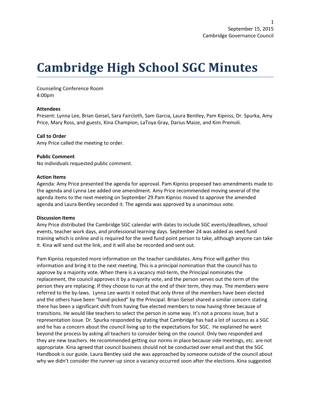 Cambridge High School SGC Minutes