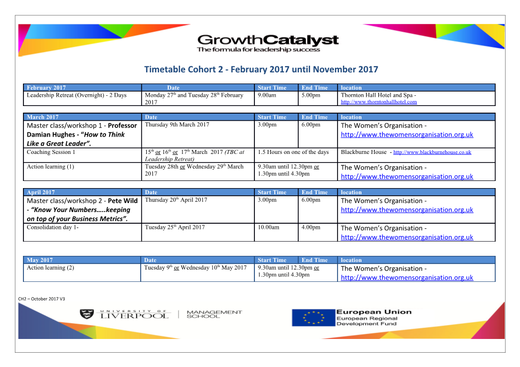 Timetable Cohort 2 - February 2017 Until November 2017