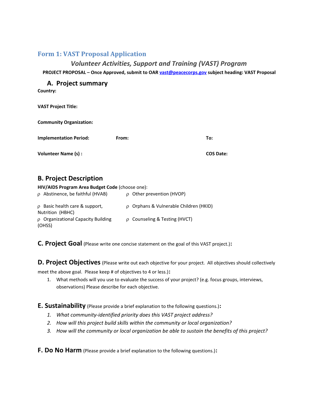 Form 1: VAST Proposal Application