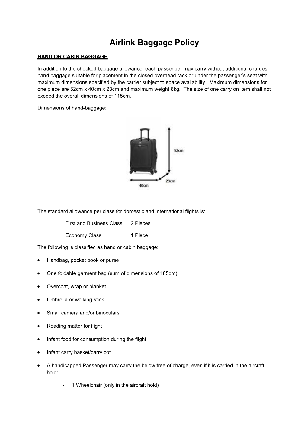 Airlink Baggage Policy