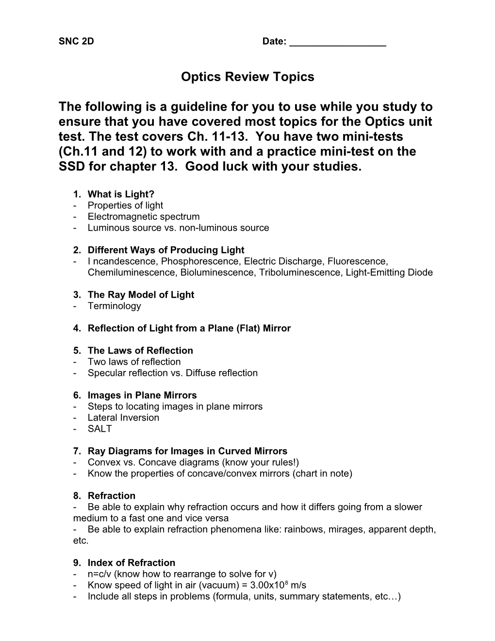 Optics Review Topics