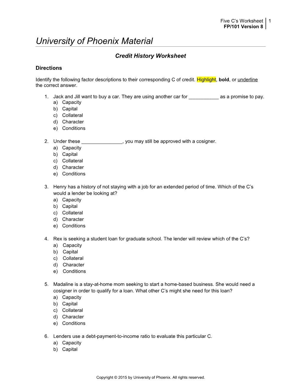 Credit History Worksheet