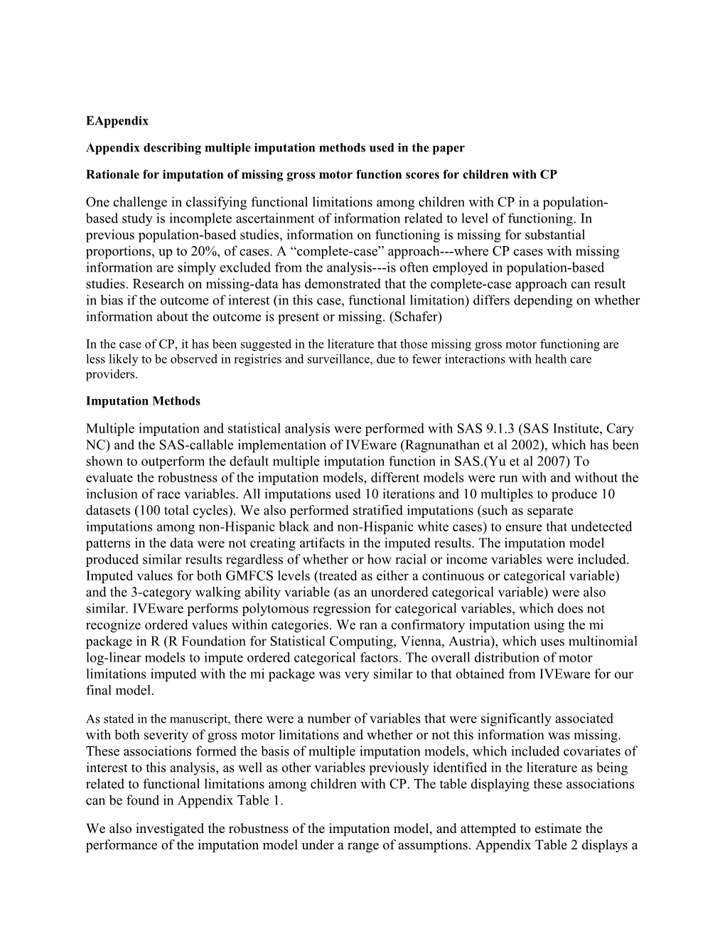 Appendix Describing Multiple Imputation Methods Used in the Paper