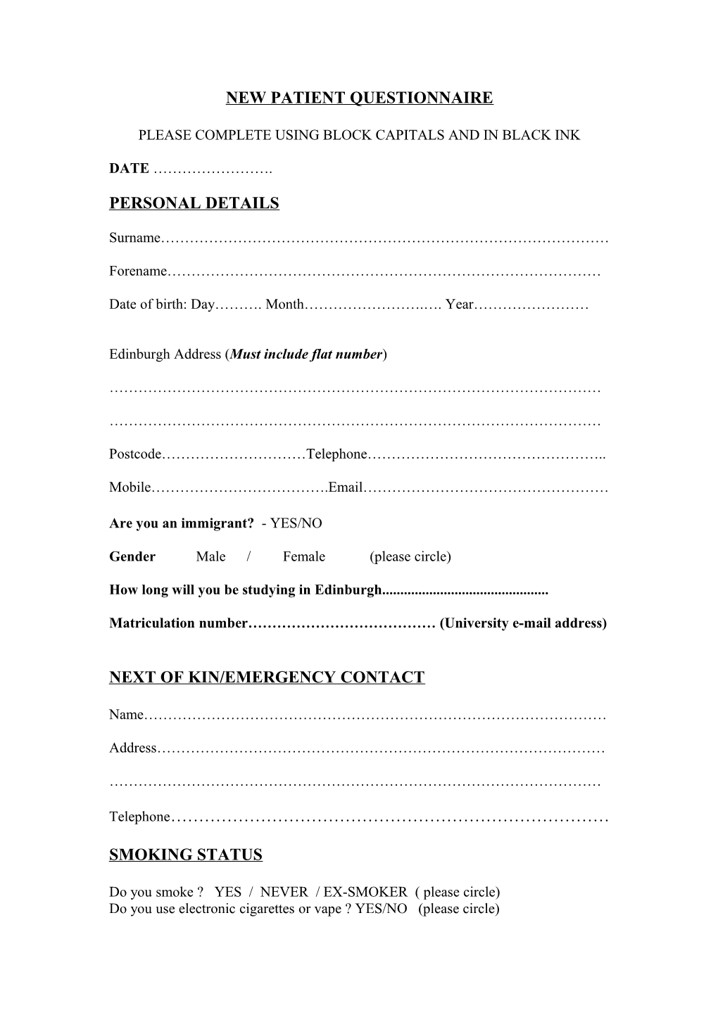 New Patient Questionnaire