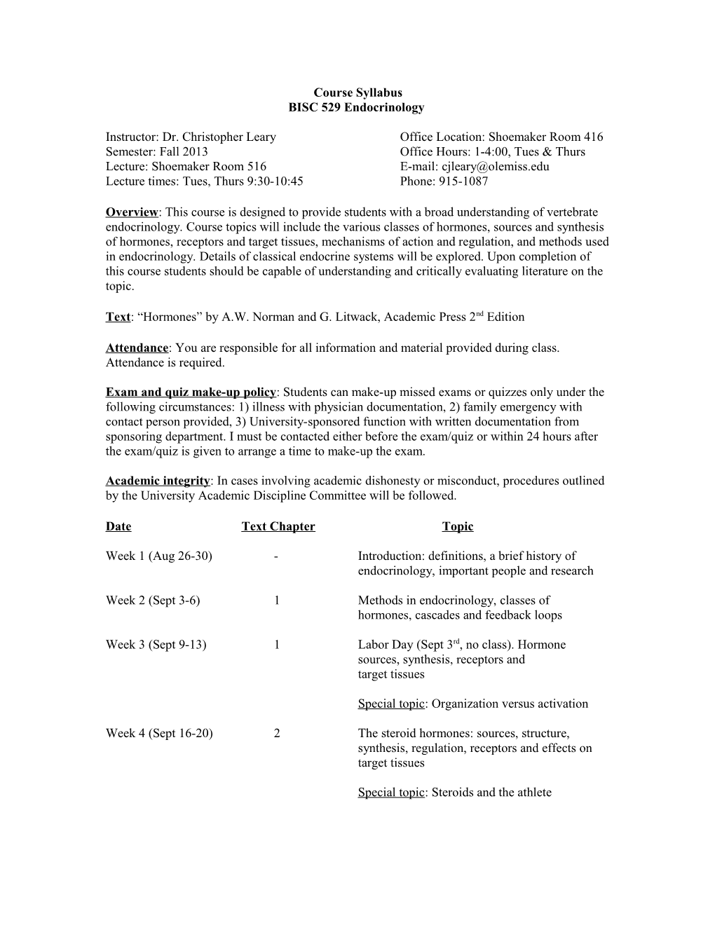 BISC 529 Endocrinology Course Syllabus