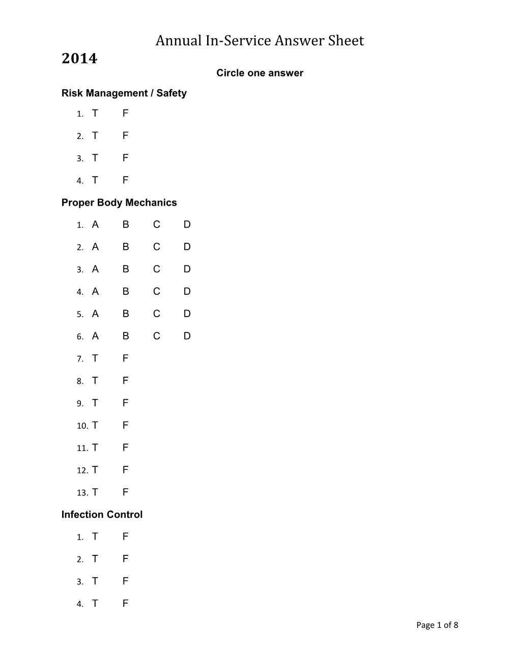 Annual In-Service Answer Sheet