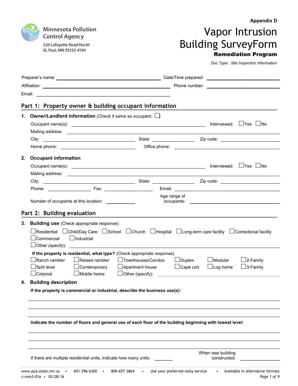 Vapor Intrusion Interior Building Survey Form