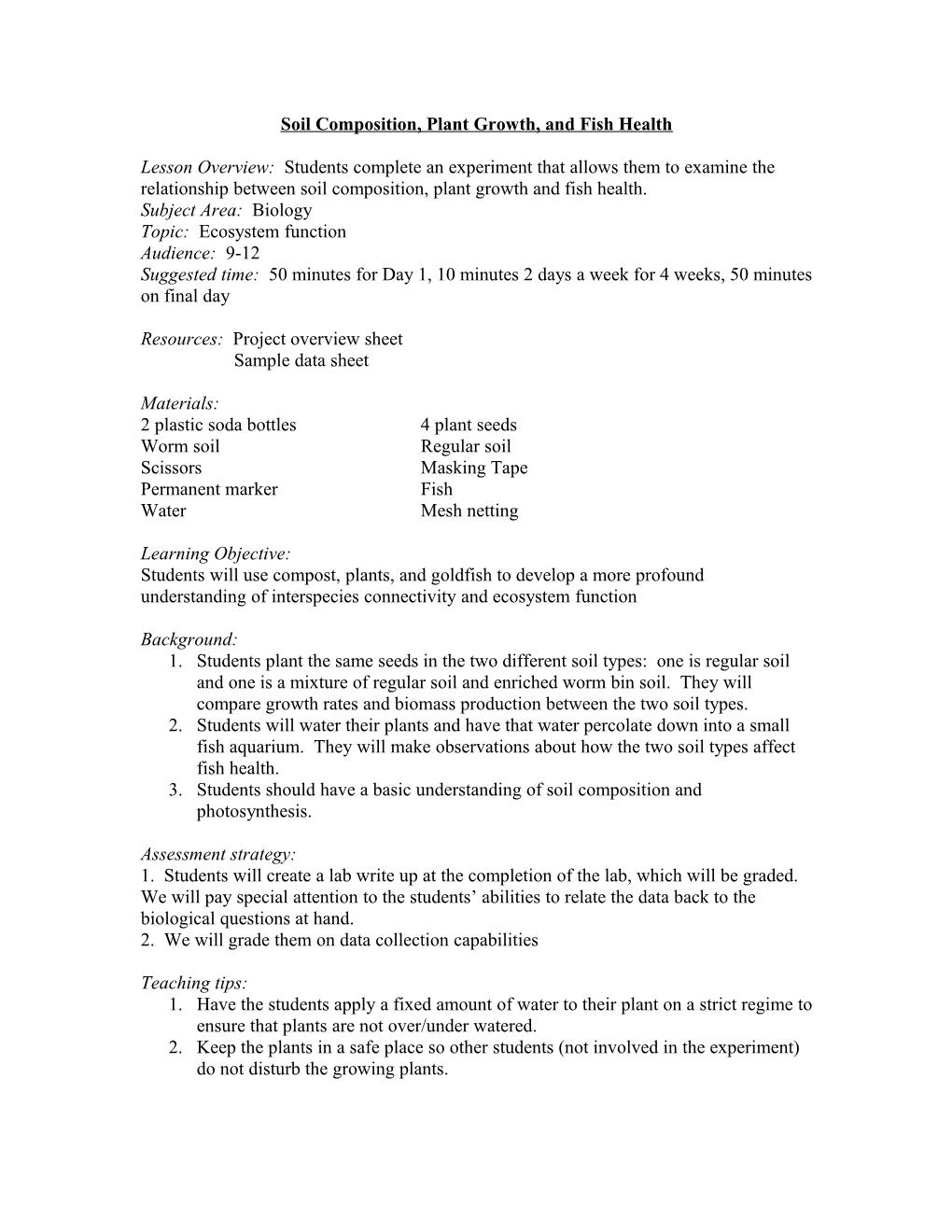 Soil Composition, Plant Growth, and Fish Health