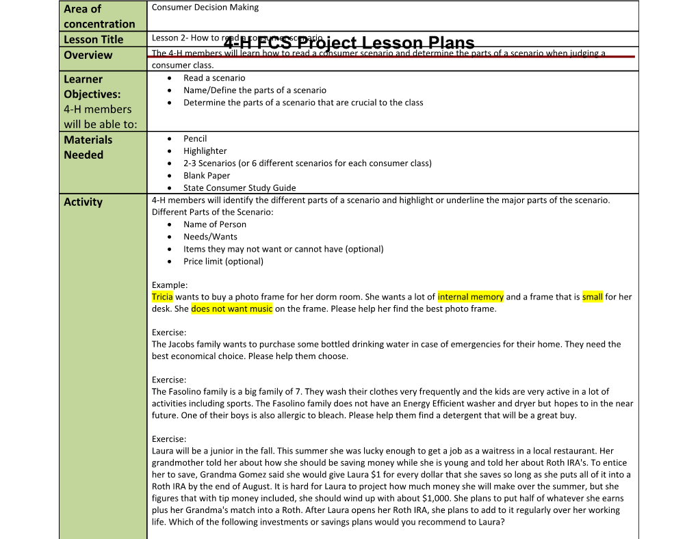 4-H FCS Project Lesson Plans