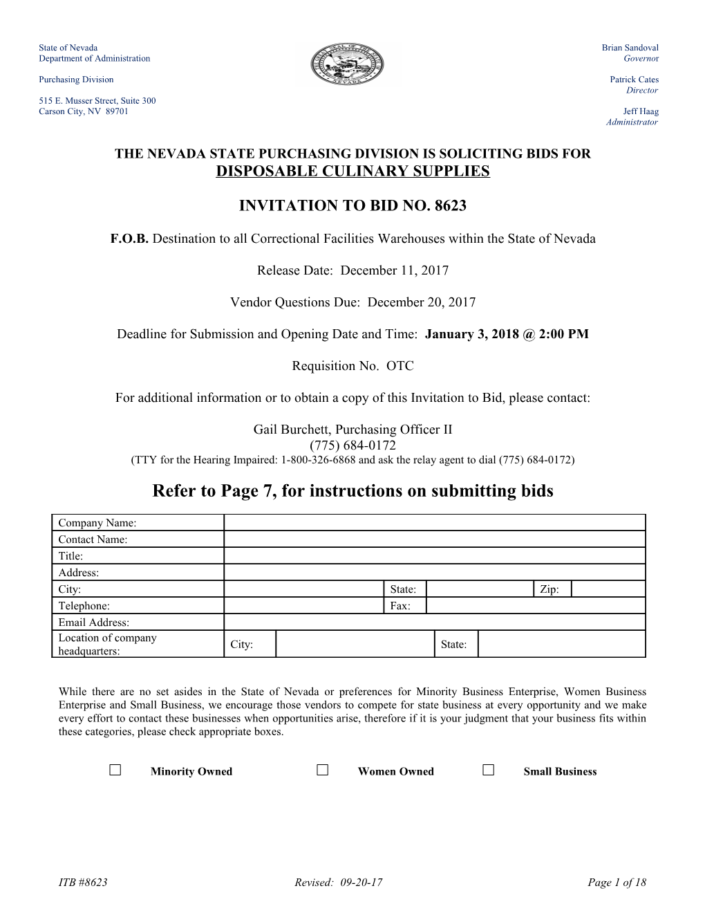 The Nevada State Purchasing Division Is Soliciting Bids For