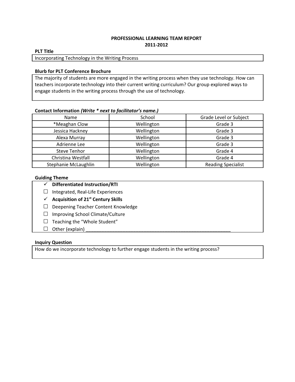 Professional Learning Team Report