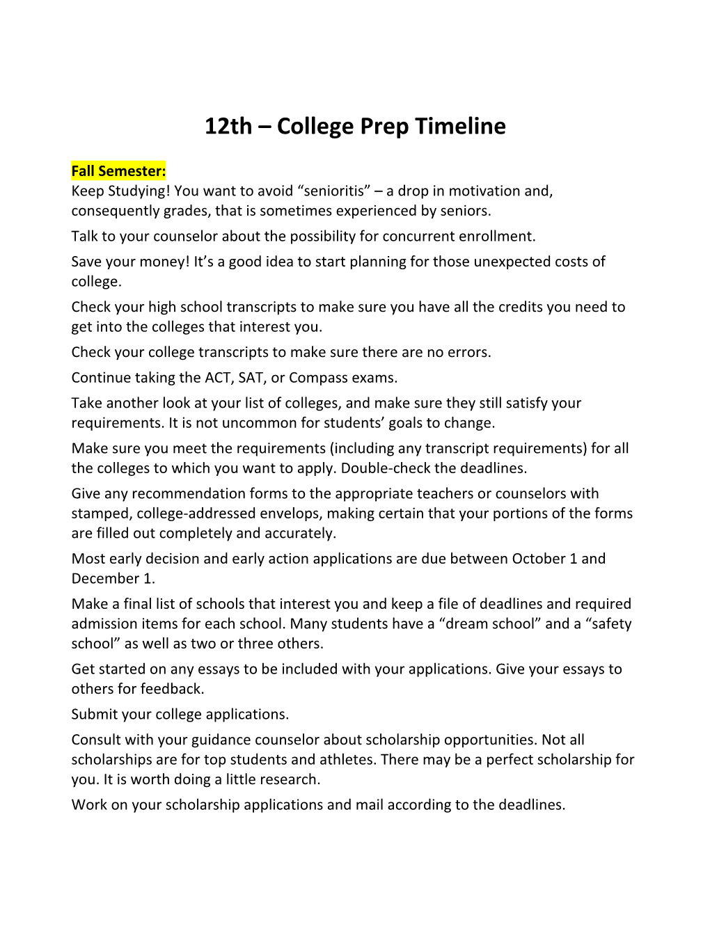 12Th College Prep Timeline