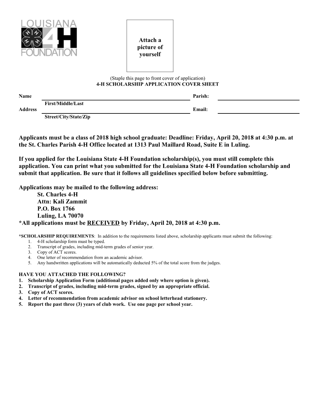 4-H Scholarship Application Cover Sheet