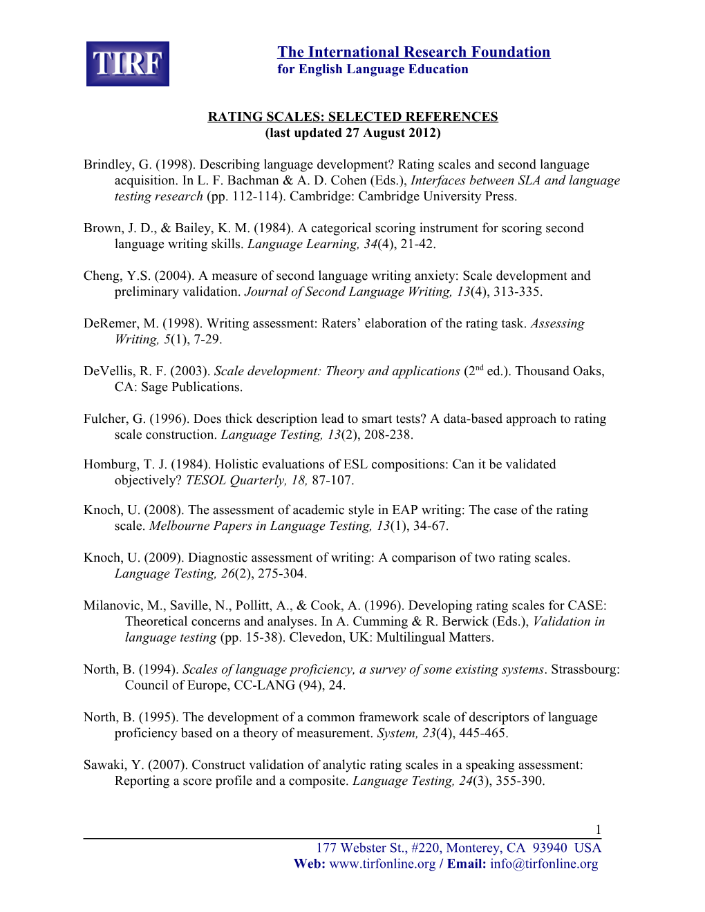 Rating Scales: Selected References