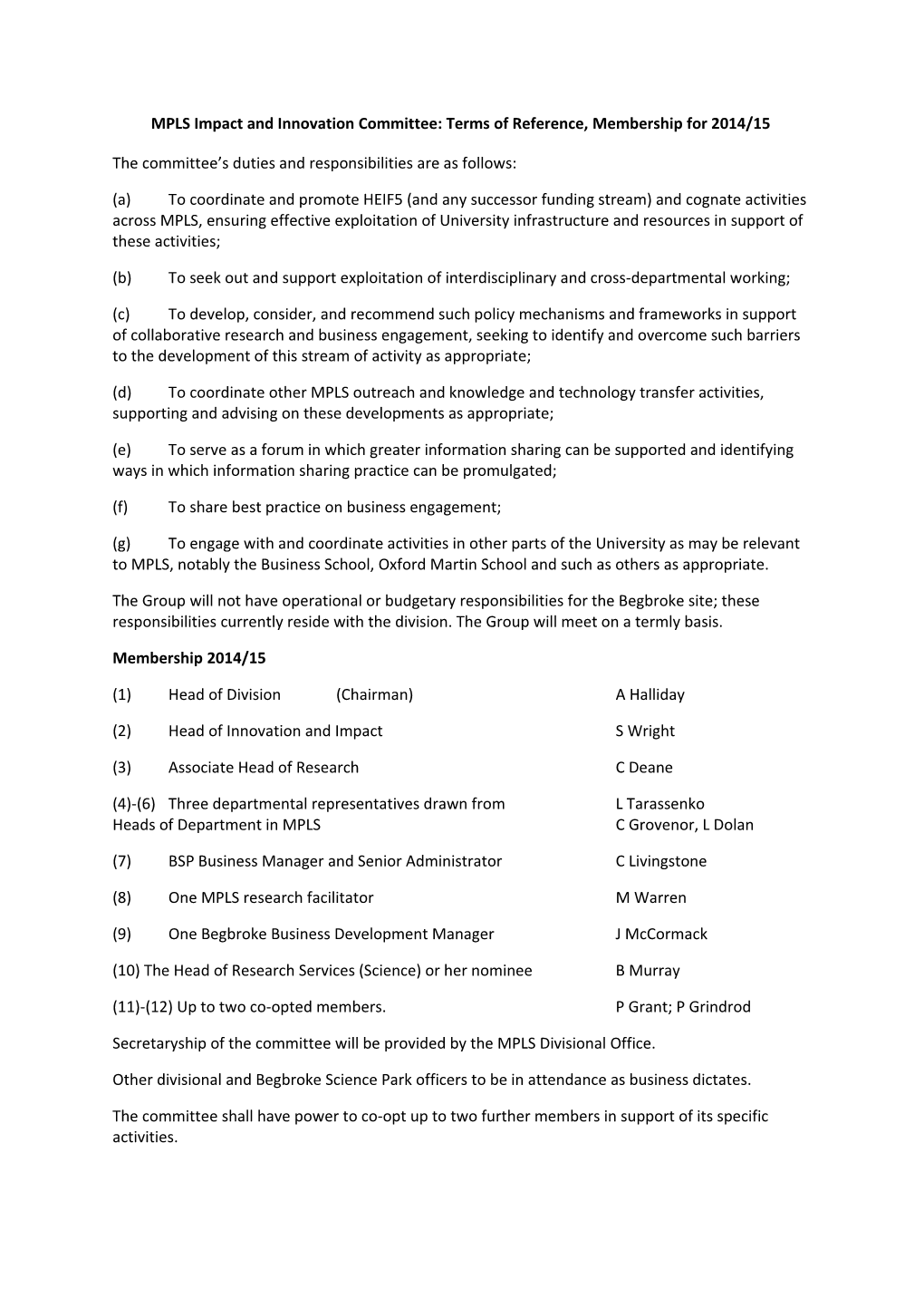 MPLS Impact and Innovation Committee: Terms of Reference, Membership for 2014/15