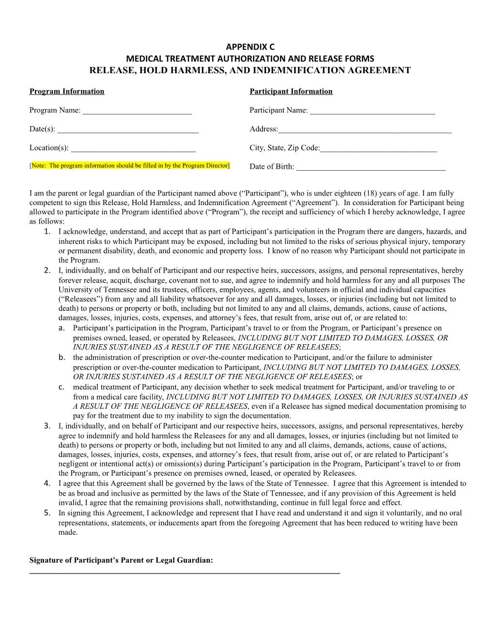 Medical Treatment Authorization and Release Forms