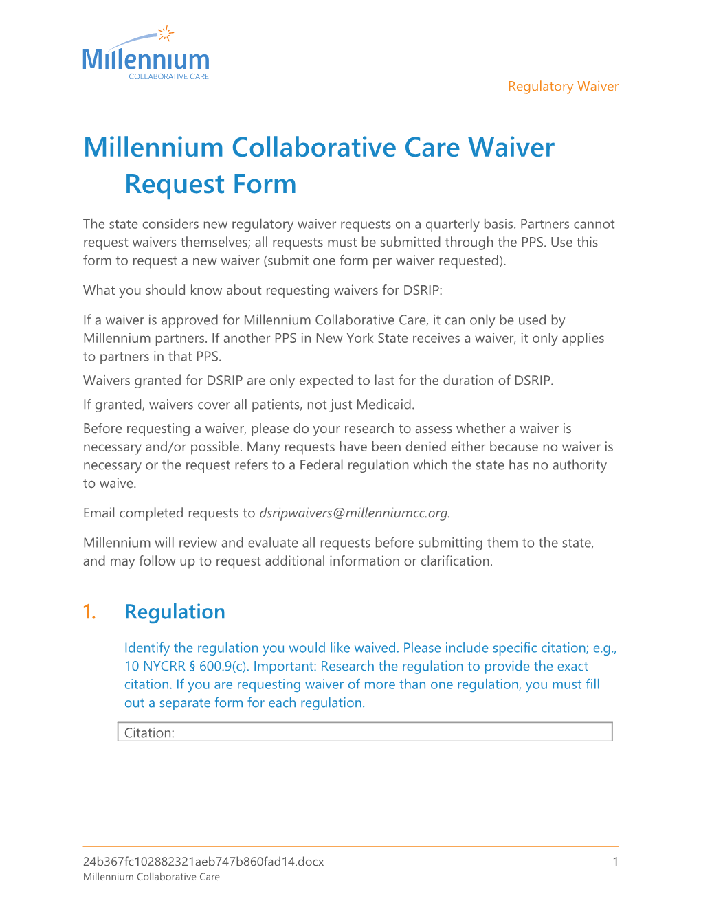 Millennium Collaborative Care Waiver Request Form