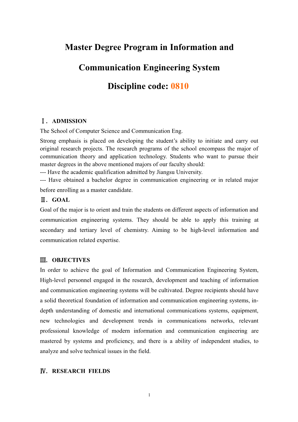 Master Degree Program in Information and Communication Engineering System