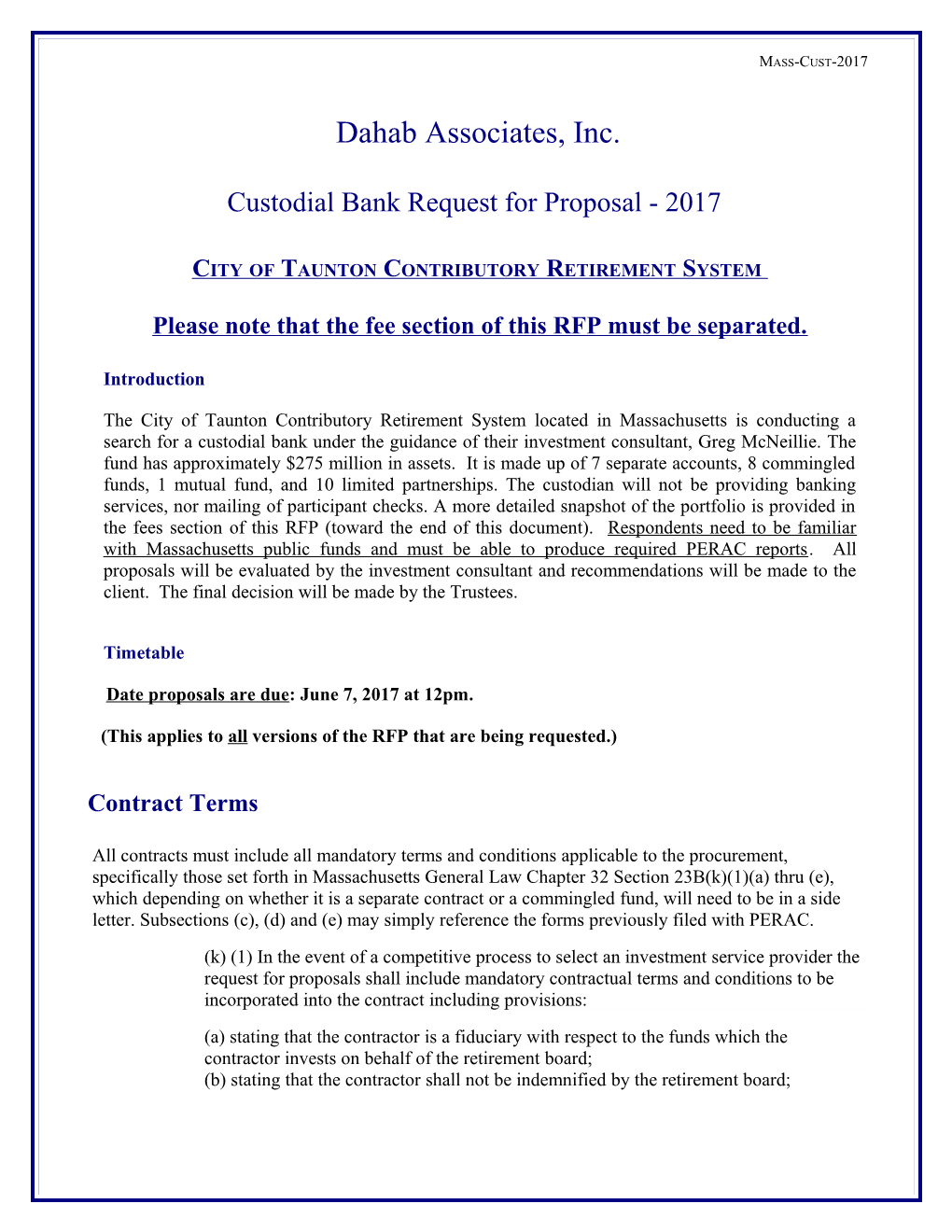 Custodial Bank Request for Proposal - 2017