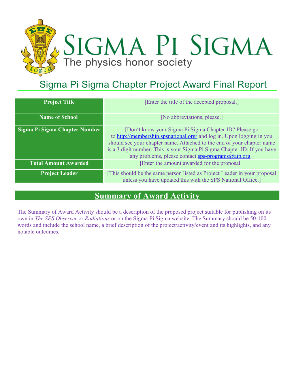 Sigma Pi Sigma Chapter Project Award Final Report