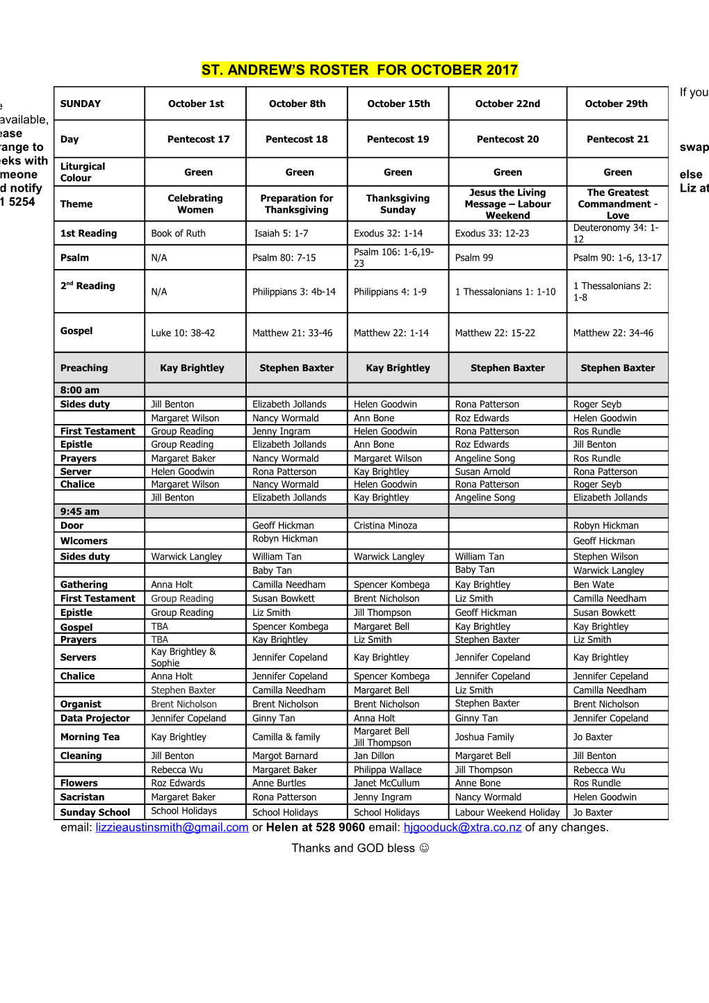 St. Andrew S Roster Foroctober 2017