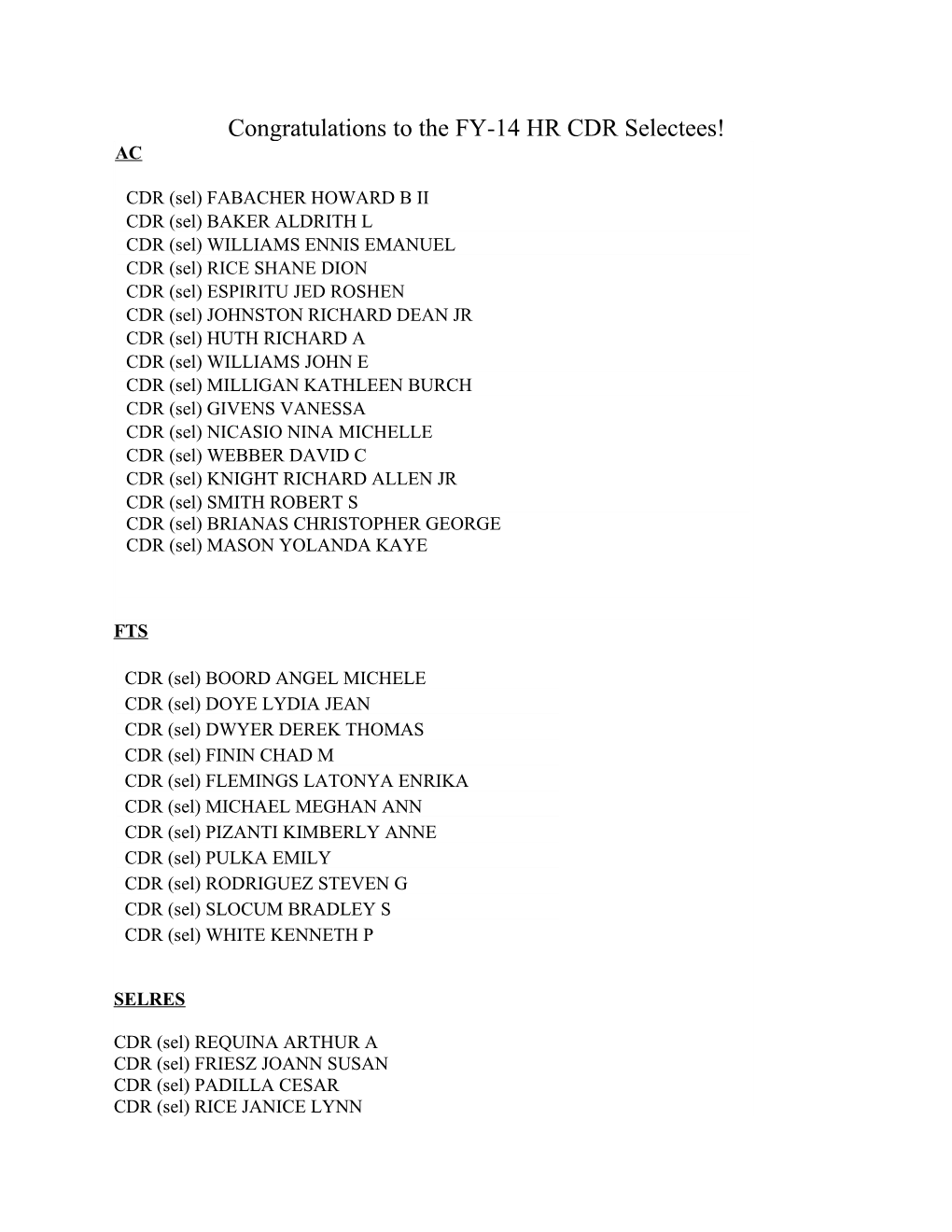 Congratulations to the FY-14 HR CDR Selectees!
