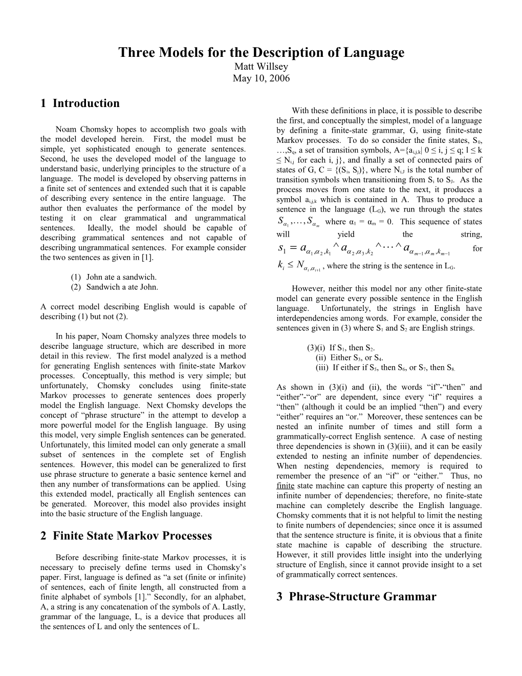 Three Models for the Description of Language