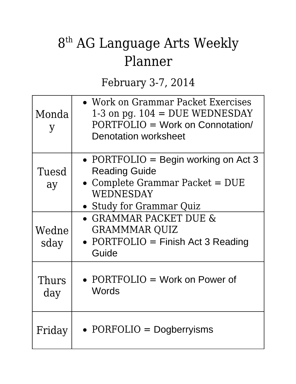 8Th AG Language Arts Weekly Planner