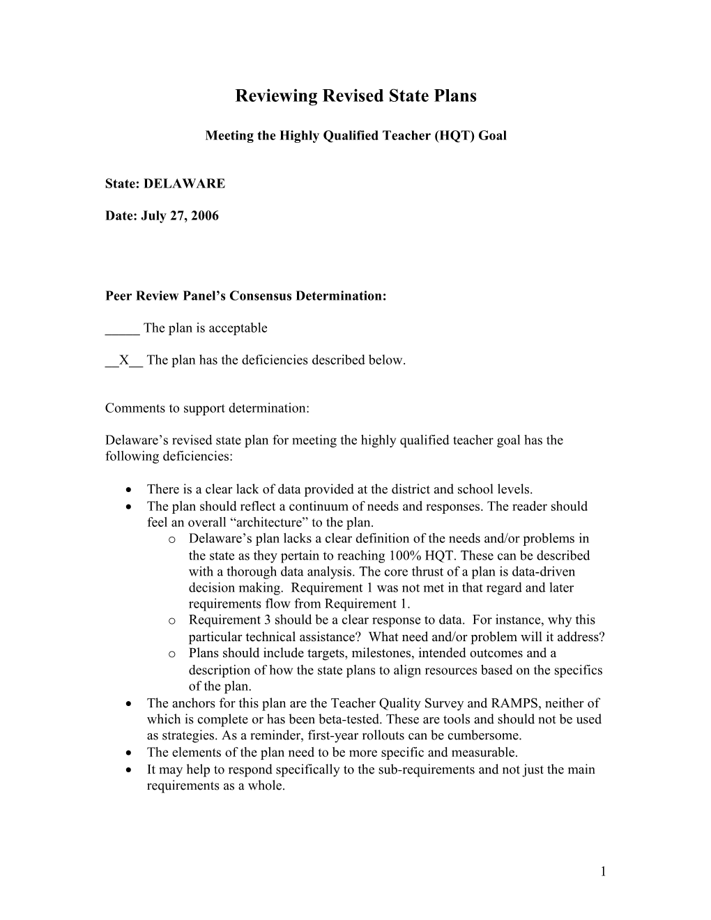 Delaware Highly Qualified Teacher State Plans Reviewer Comments (MS WORD)