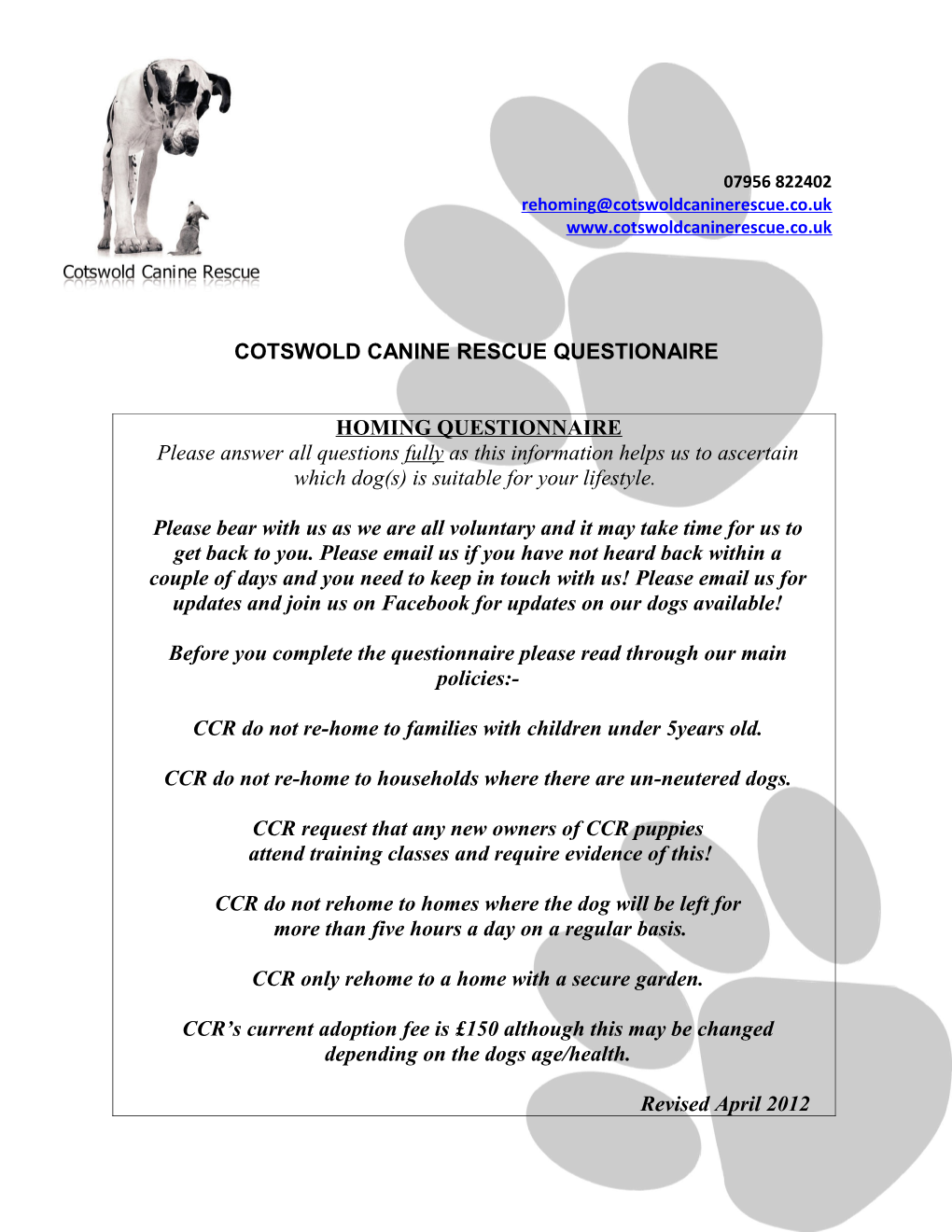 Cotswold Canine Rescue Rehoming Agreement