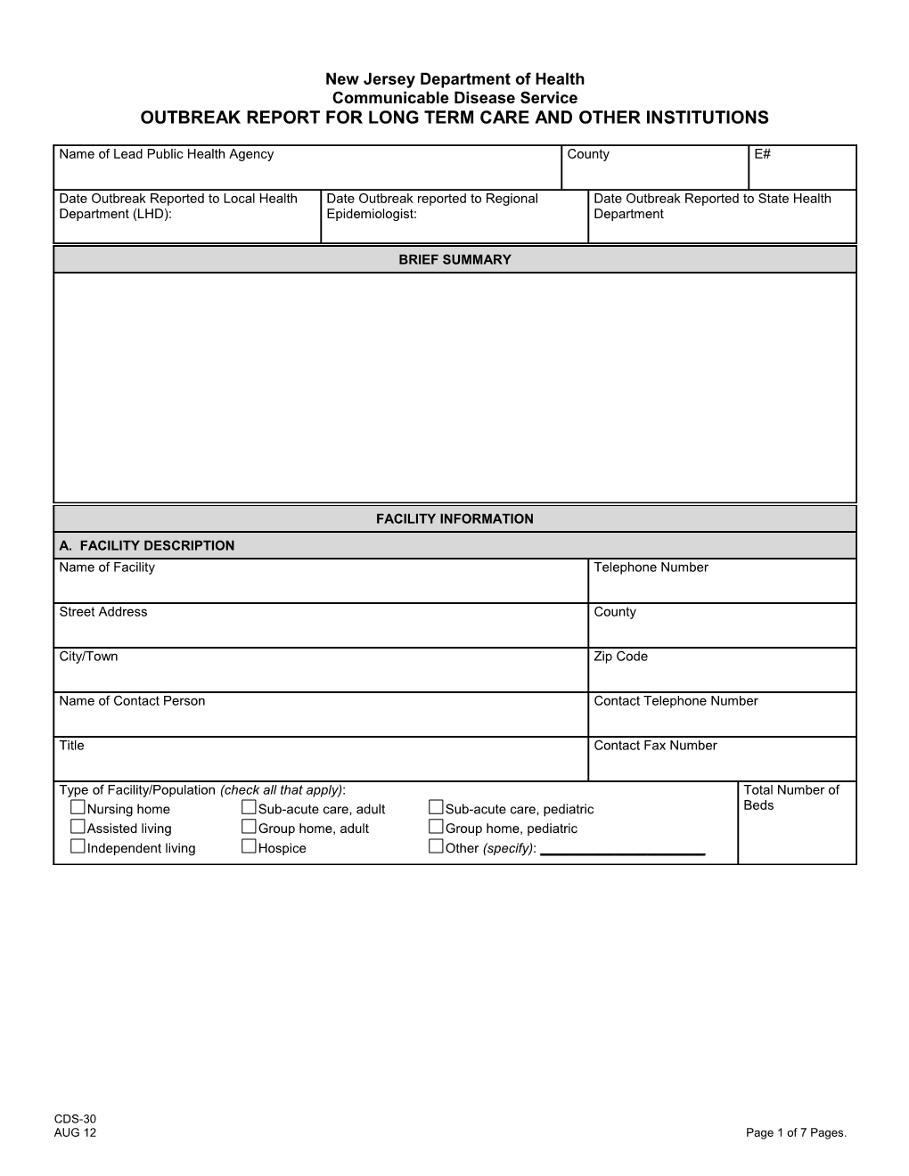 CDS-30, Outbreak Report for Long Term Care and Other Institutions