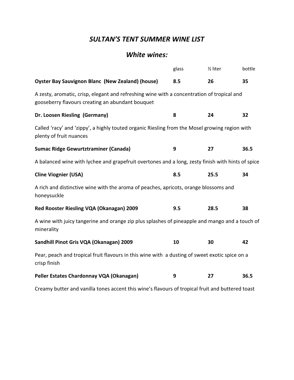 Sultan S Tent Summer Wine List