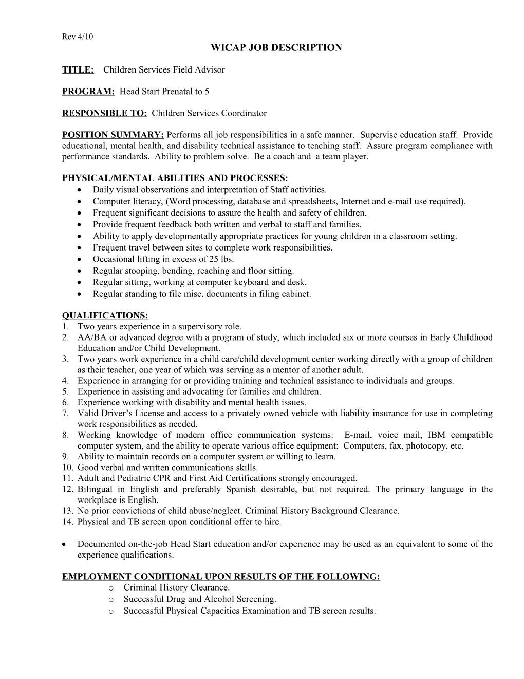 Wicap Head Start Job Description