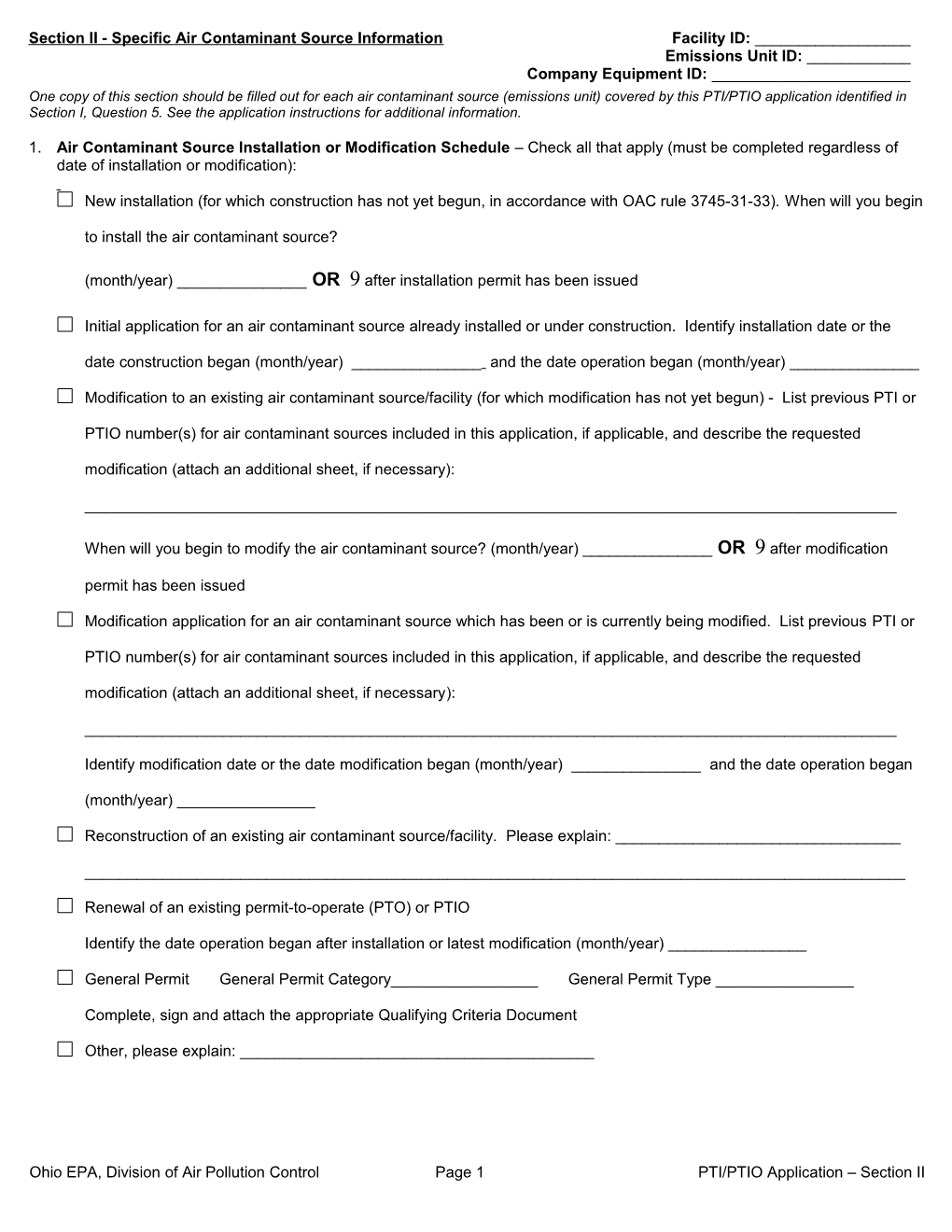 One Copy of This Section Should Be Filled out for Each Air Contaminant Source (Emissions