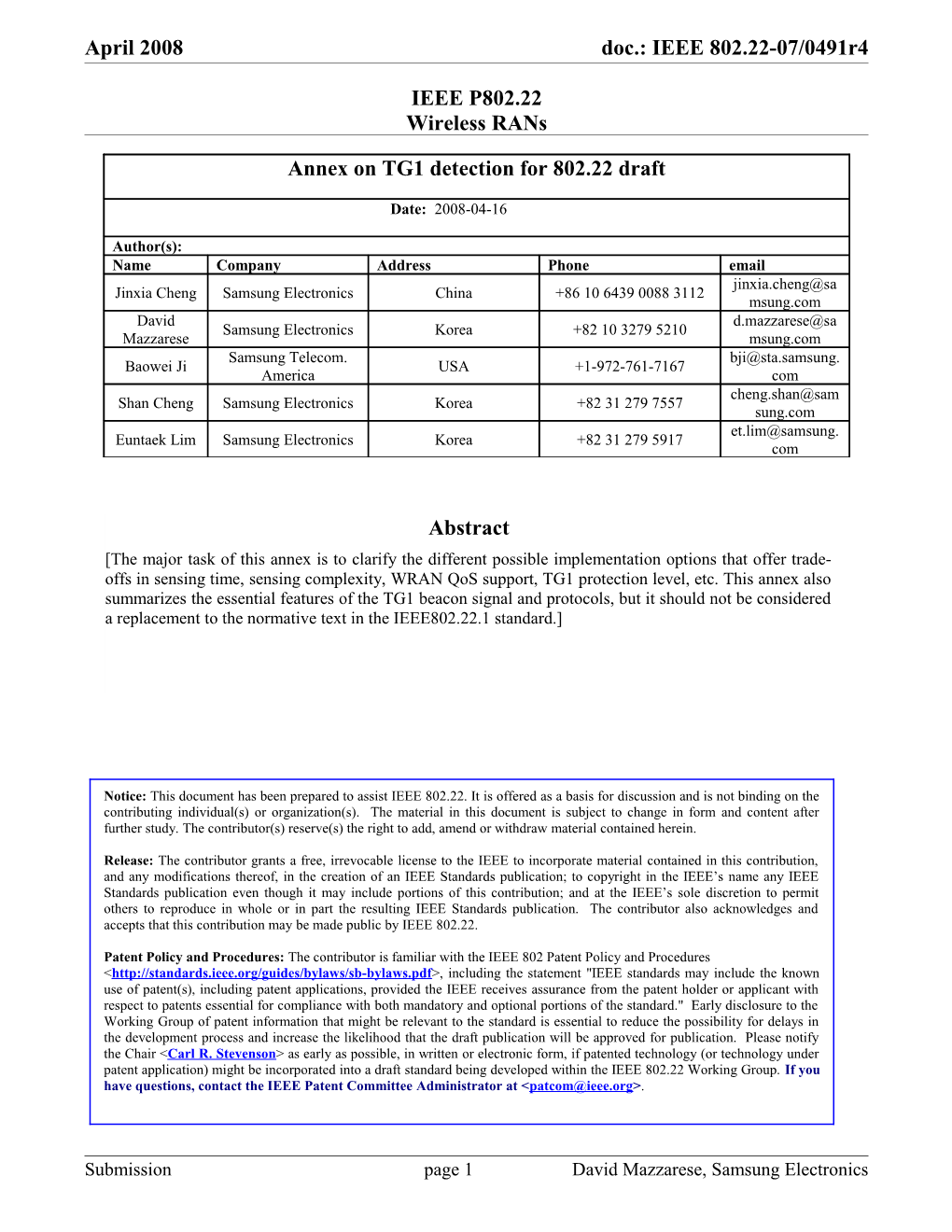 1. Summary of the Characteristics of the IEEE802.22.1 Beacon Signal and Protocols