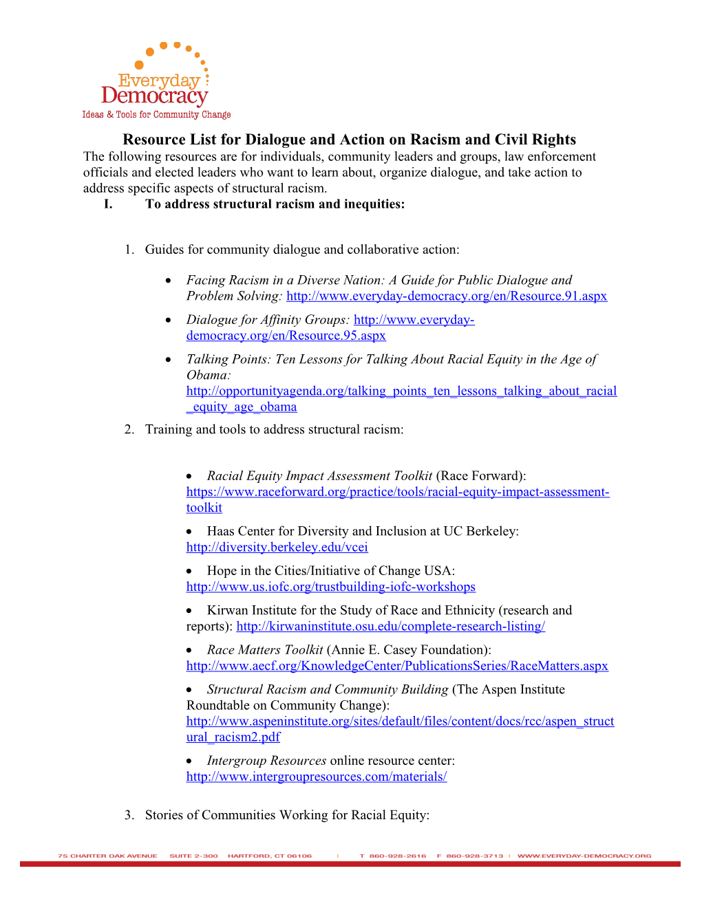 Resource List for Dialogue and Action on Racism and Civil Rights