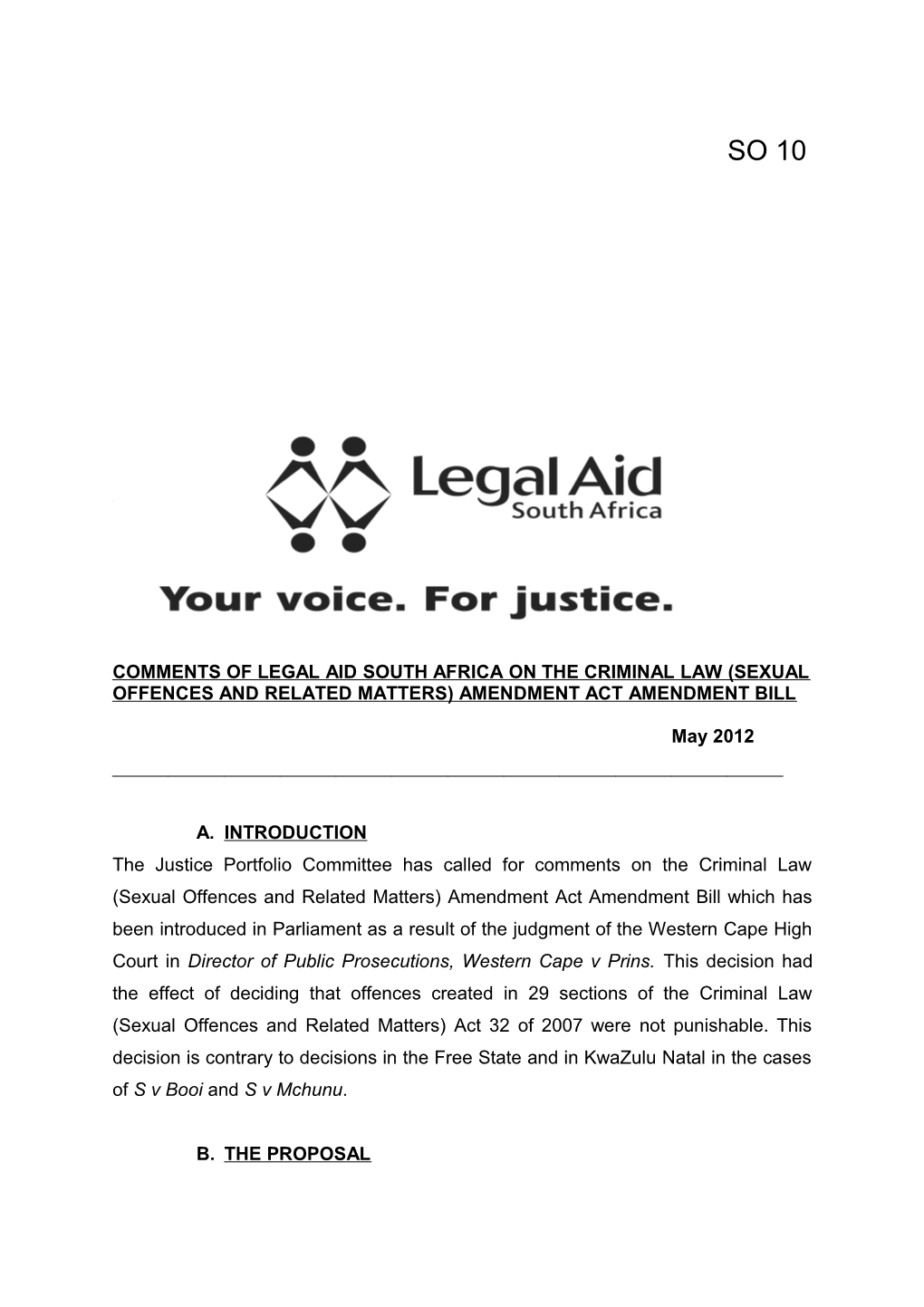 Comments of Legal Aid South Africa on the Criminal Law (Sexual Offences and Related Matters)